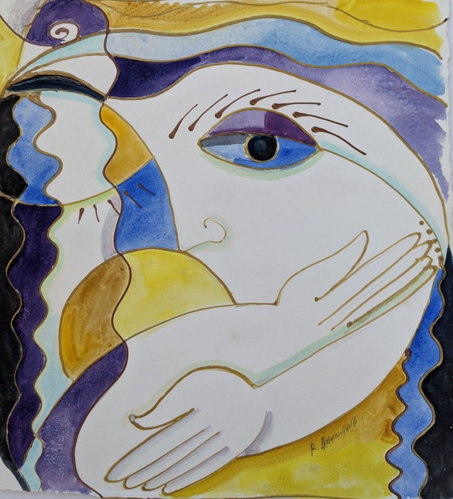 Abstract-style painting in shades of white, blue, and yellow. A face with an eye and a nose and two hands are visible.